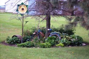 This bike was mine as a young girl and my husband made sunflower from old machinery parts, and the old kettle is from a dear older neighbor.